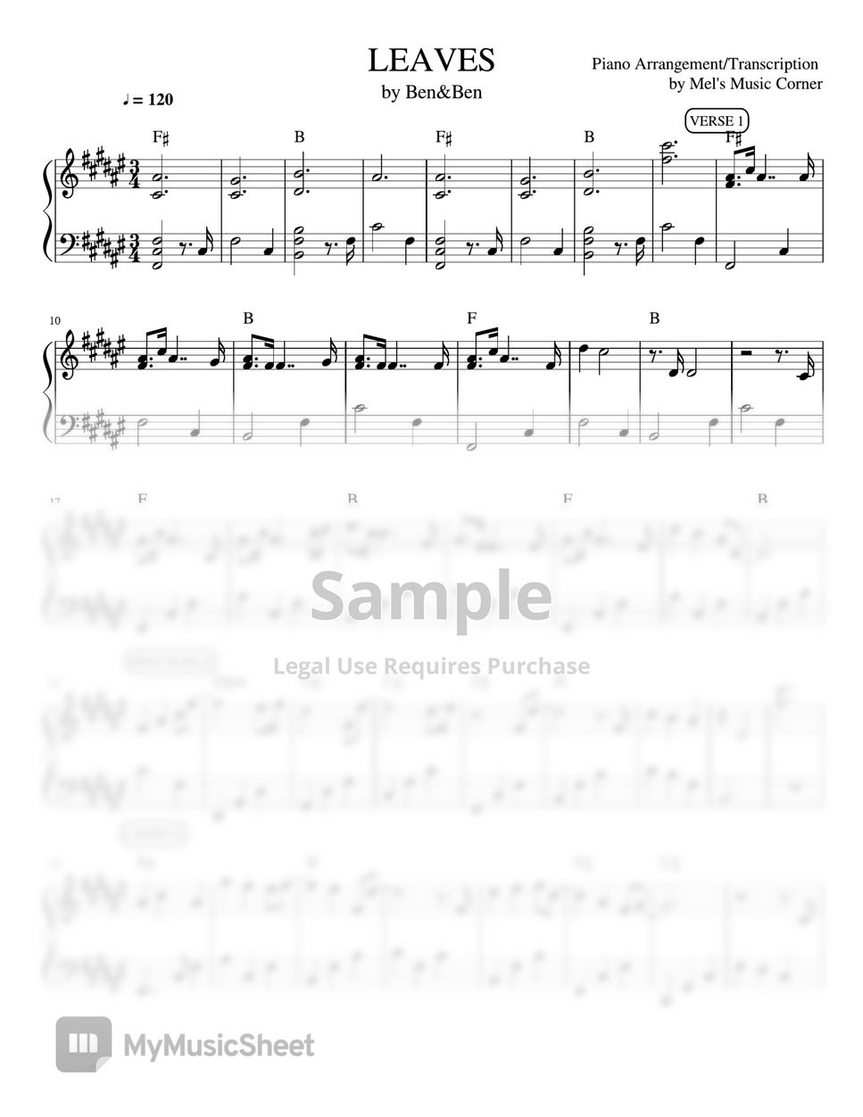 Ben&Ben - Leaves (piano sheet music) by Mel's Music Corner