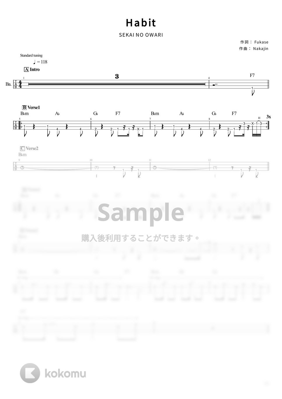 SEKAI NO OWARI - Habit (Tabのみ/ベース Tab譜 4弦) by T's bass score