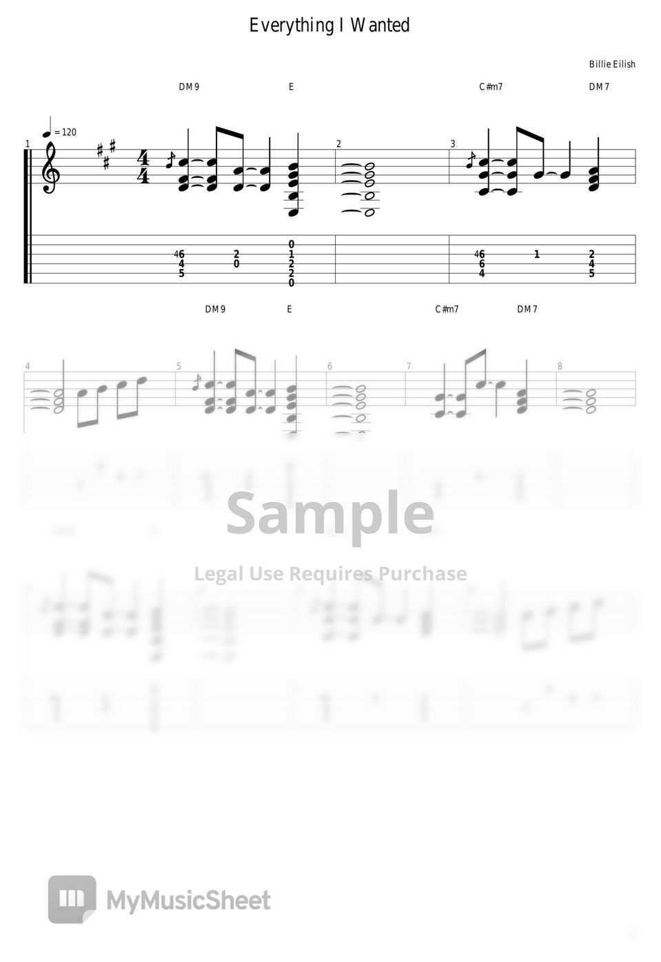 Billie Eilish Everything I Wanted Tab + 1staff by guitar cover with tab