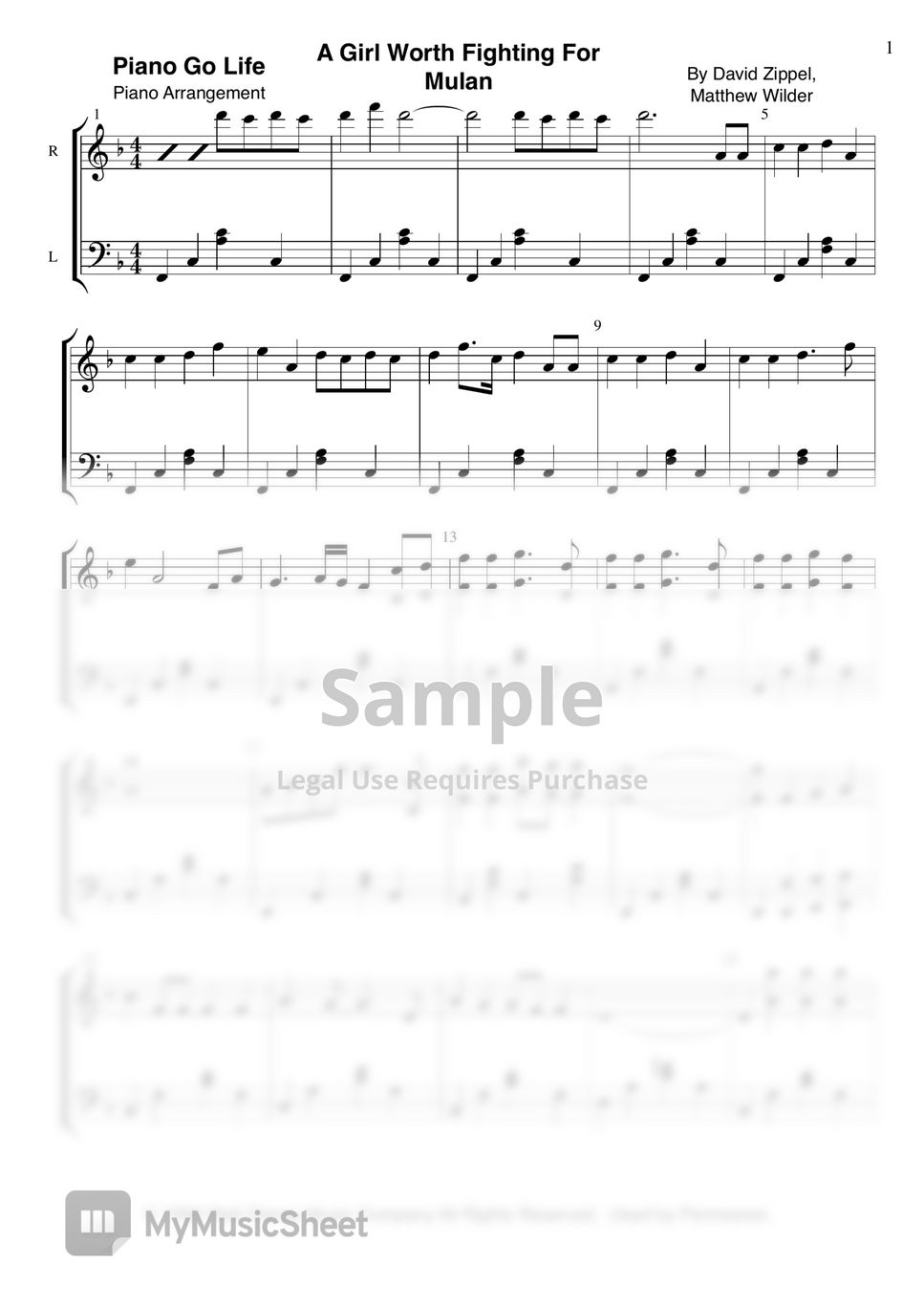 Mulan - A Girl Worth Fighting For Sheet by Piano Go Life