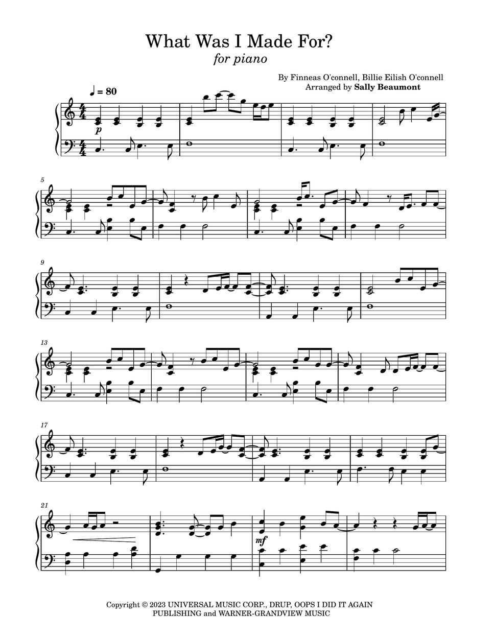 Billie eilish what was i made for piano sheets by sally beaumont