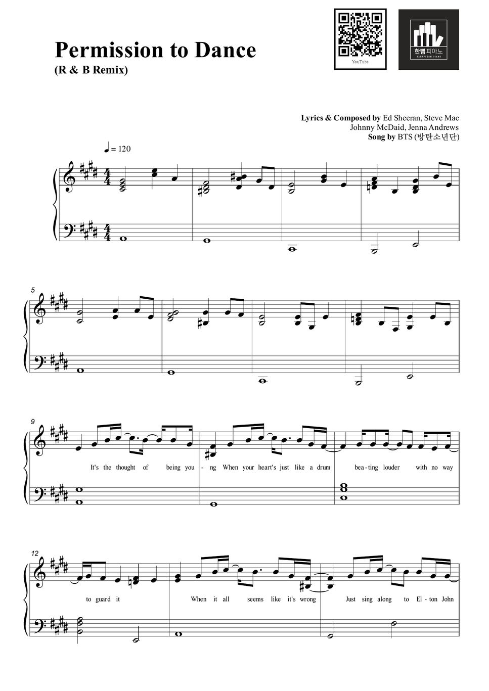 BTS (방탄소년단) Permission to Dance (R & B Remix) Sheet by HANPPYEOMPIANO