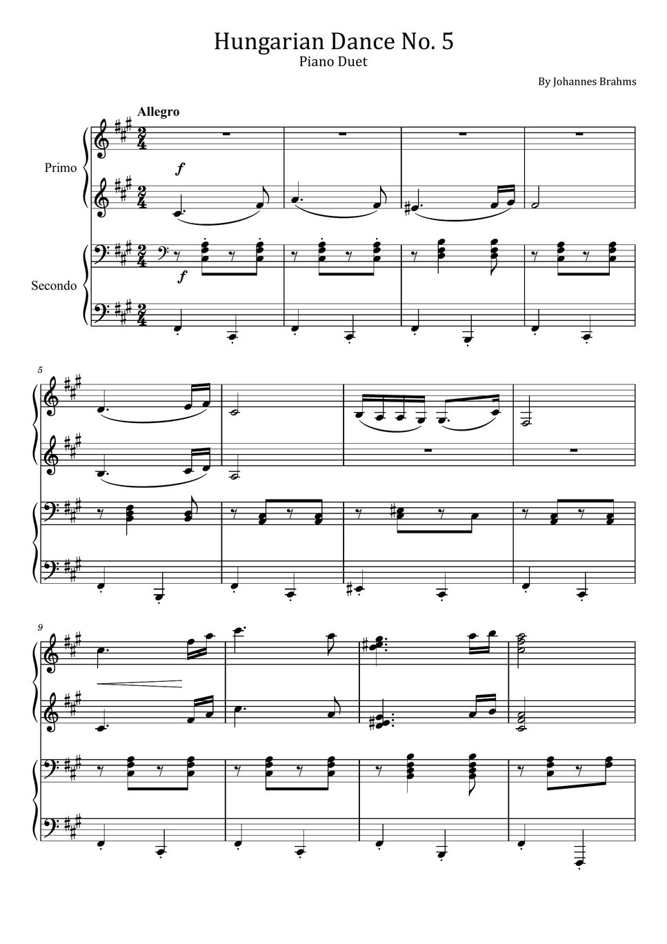 Johannes Brahms - Hungarian Dance No. 5 (Piano Duet - For Piano Four Hands) Sheets by poon