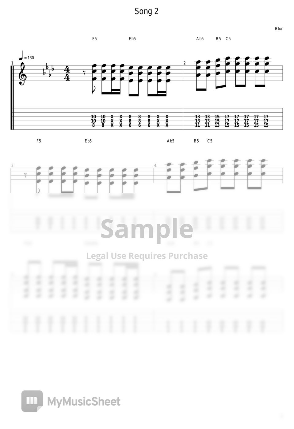 Blur - Song 2 Tab + 1staff by guitar cover with tab
