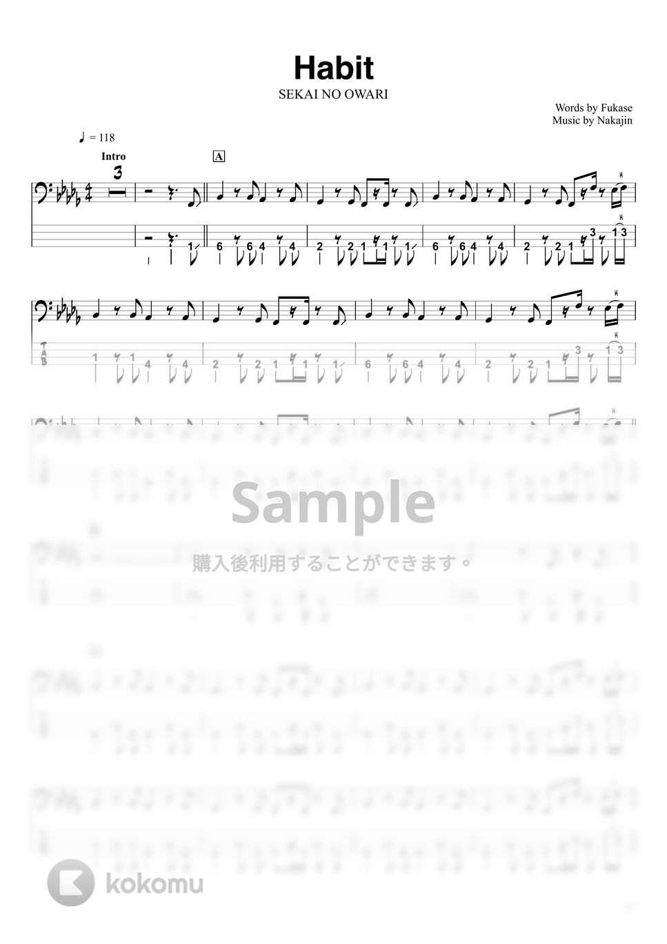 SEKAI NO OWARI - Habit (ベースTAB譜☆4弦ベース対応) by swbass