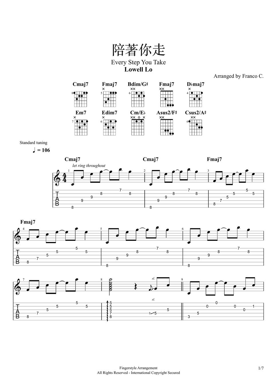 Lowell Lo - 陪著你走 (Every Step You Take) (Fingerstyle) Sheets by Franco C.