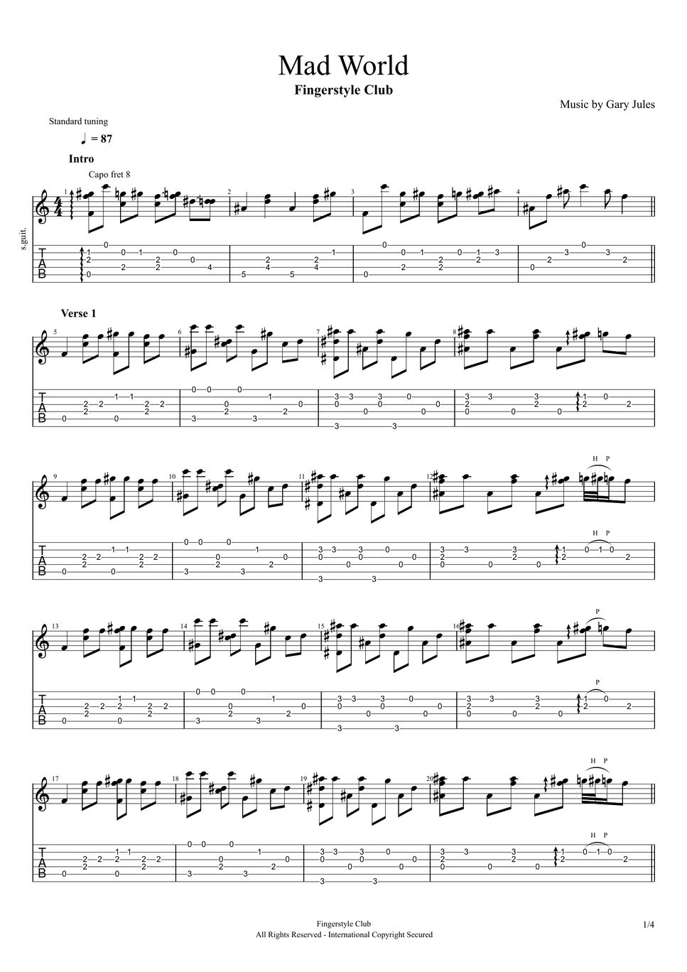 Gary Jules Mad World Sheets by Fingerstyle Club