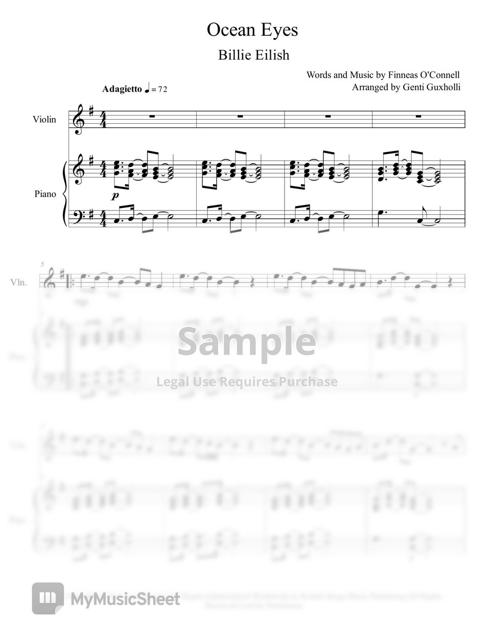 Billie Eilish Ocean Eyes Violin Solo With Piano Accompaniment Sheets By Genti Guxholli 