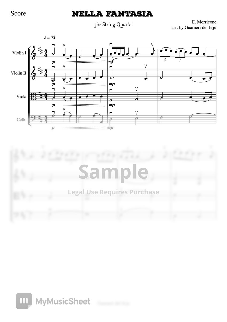 E. Morricone Nella Fantasia(Gabriel's Oboe) for String Quartet Sheets by Guarneri del Jeju