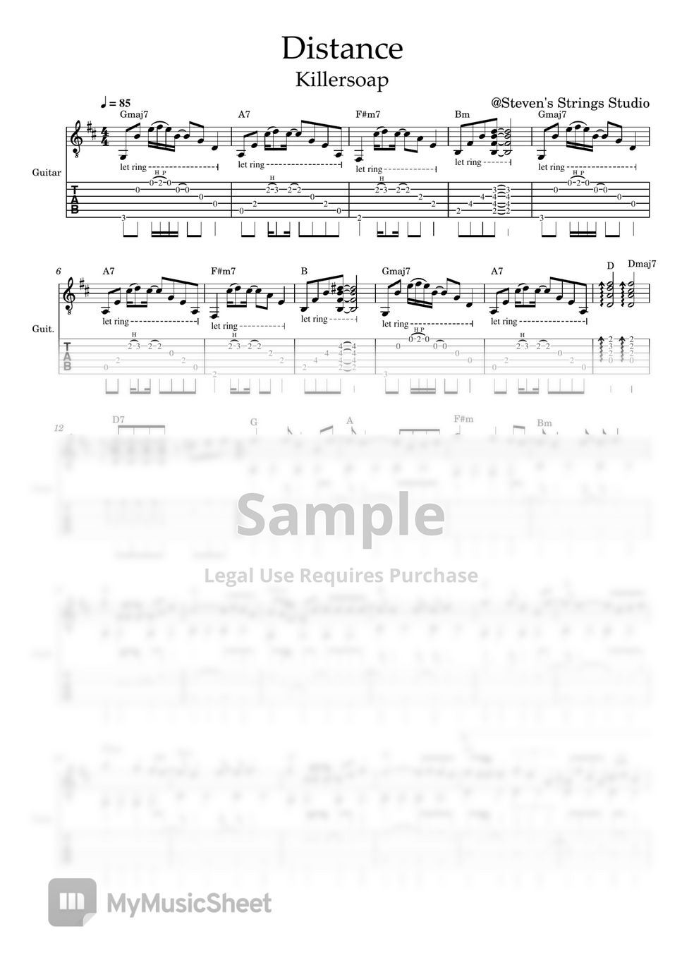 Killersoap Distance (Guitar Fingerstyle Solo) Tab + 1staff by Steven