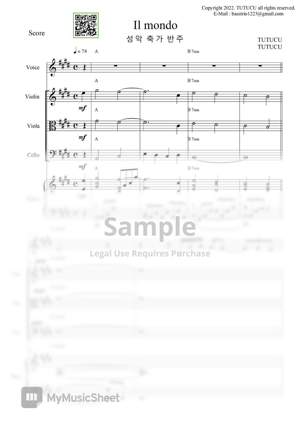 지미 폰타나 - Il Mondo (반주 / 피아노 4중주 / 성악 반주 / 총보 / 파트보 / 편곡) by TUTUCU