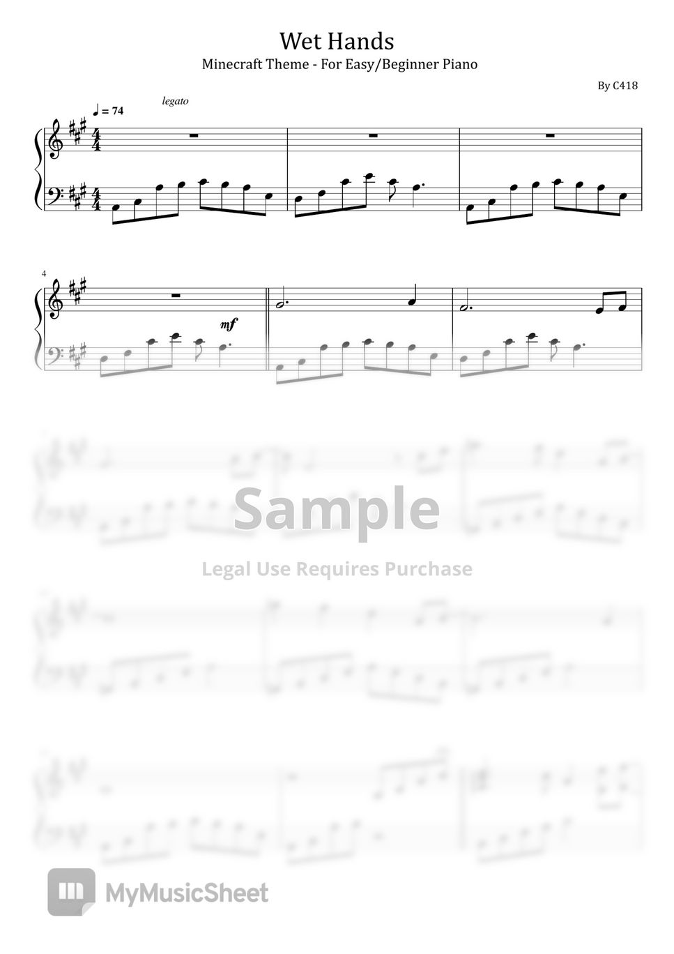 Minecraft - Wet Hands (For Easy/Beginner Piano) Sheets by poon