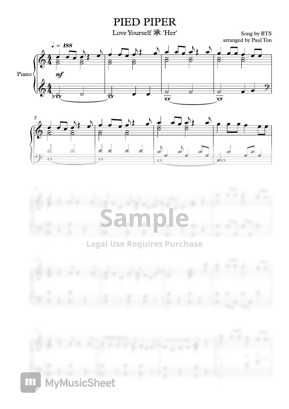 BTS - Pied Piper (Piano Sheet) Sheets by Pianella Piano