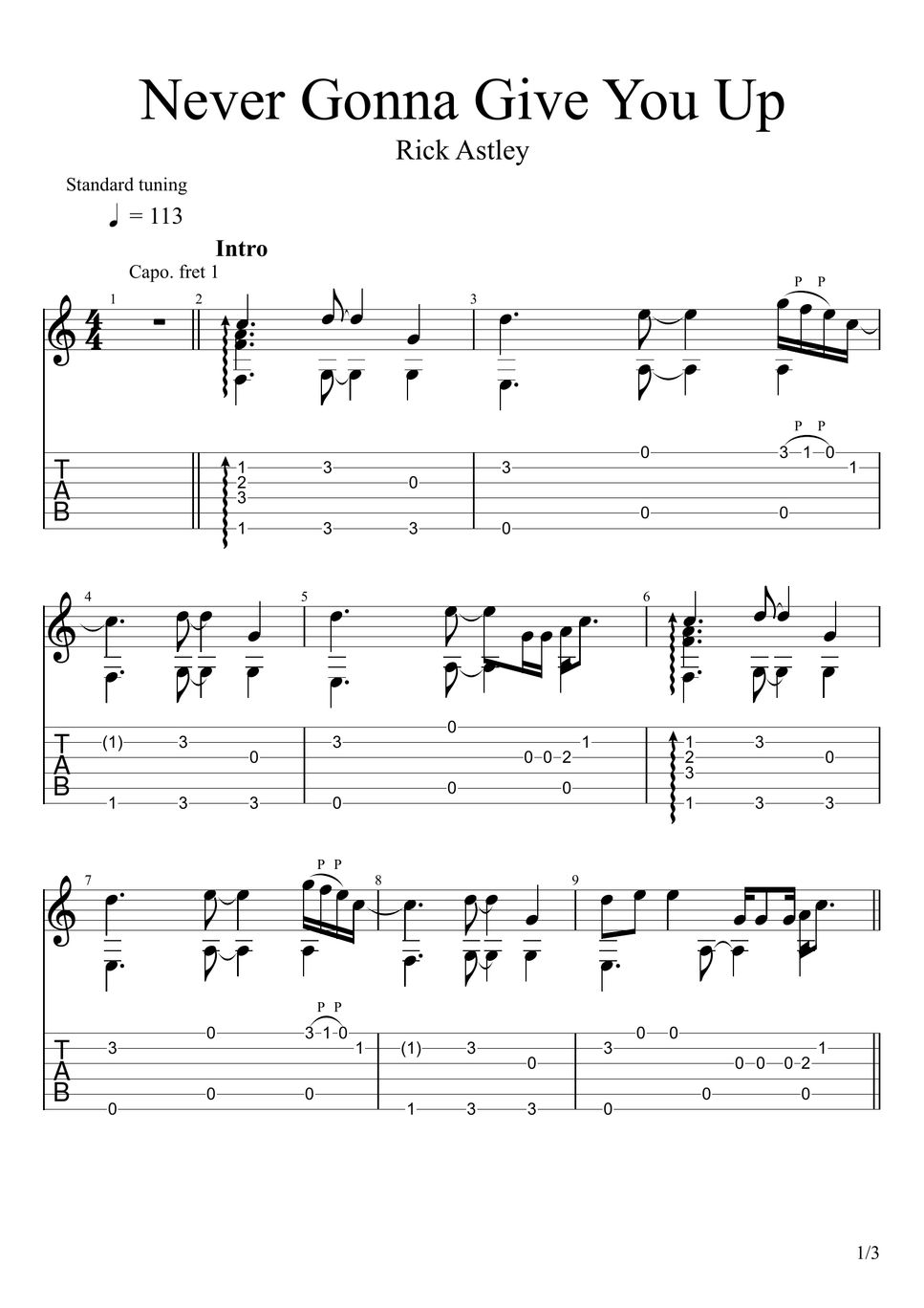 Rick astley never gonna give you up fingerstyle sheets by u3danchou