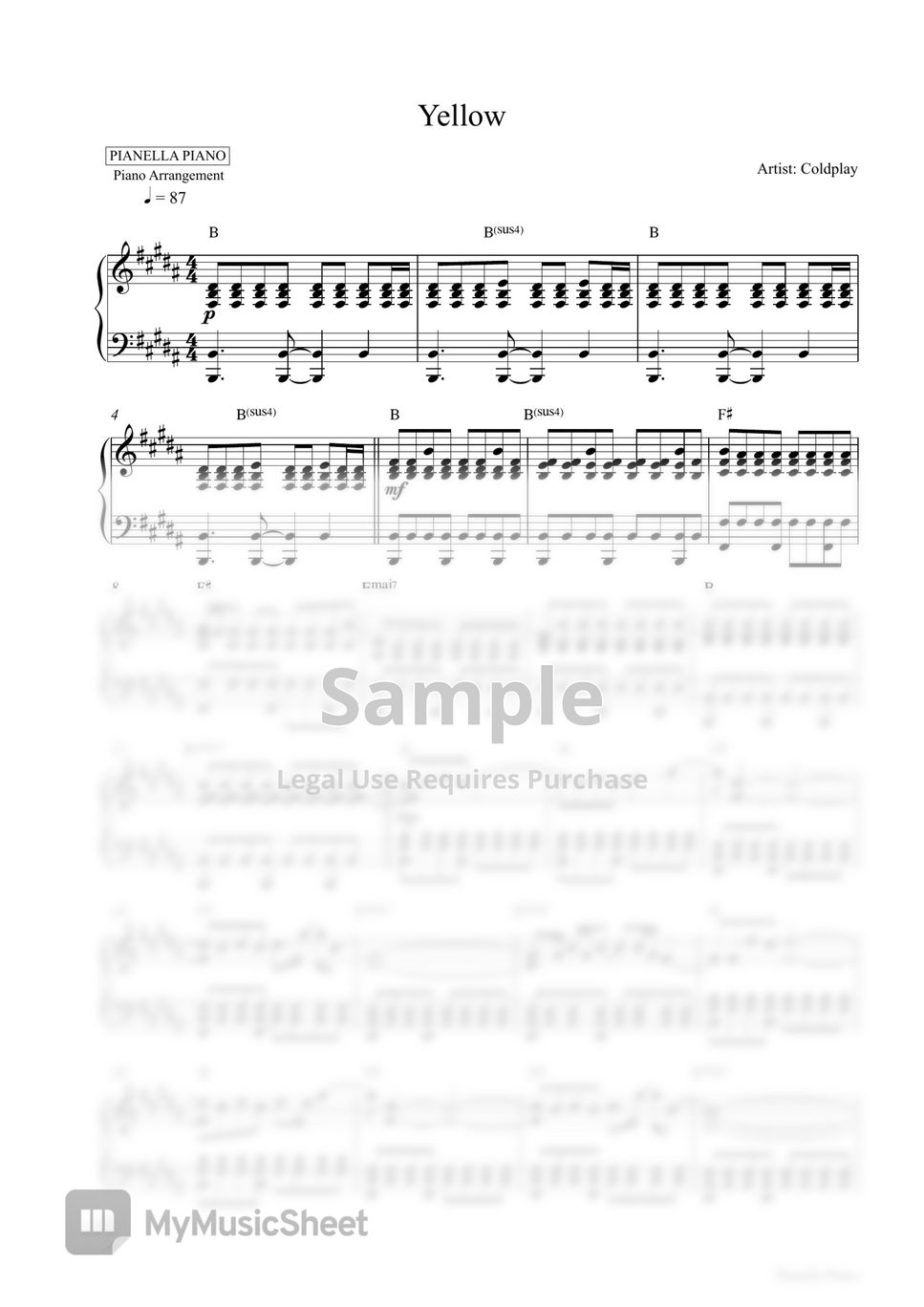 Coldplay - Yellow (Piano Sheet) by Pianella Piano
