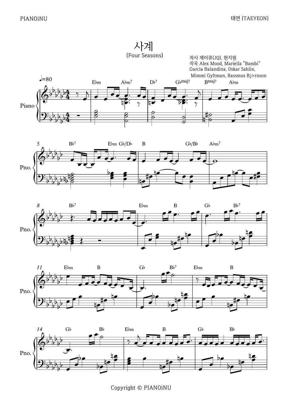  taeyeon four seasons easy version included pianoinu sheet