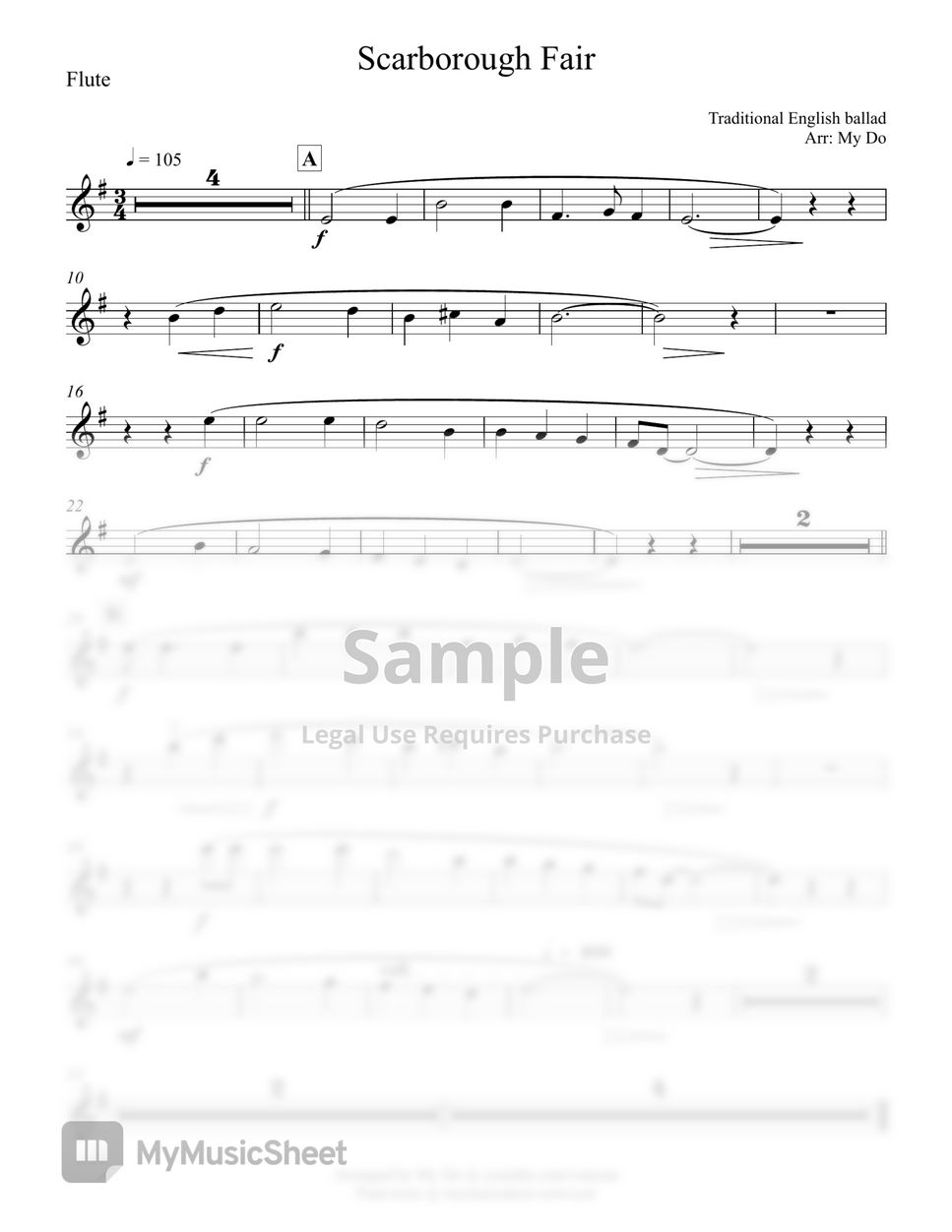 Scarborough Fair for Flute solo (easy) with Piano Sheets by My Do