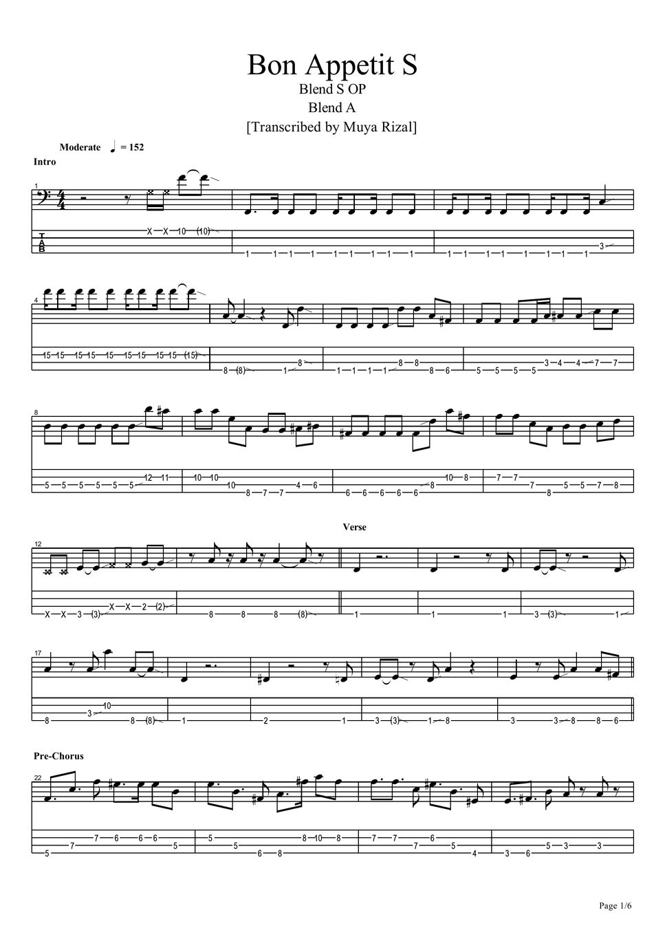 Blend A Bon Appetit S (Bass TAB) Sheet by Muya Rizal