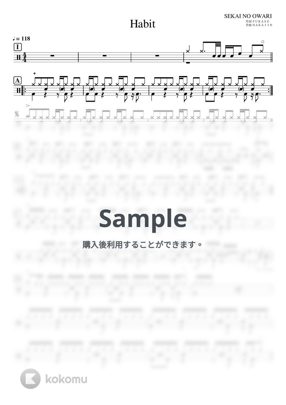 SEKAI NO OWARI - Habit (ドラム譜のみ) by YUTO