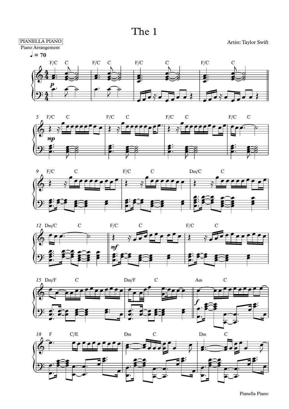 Taylor Swift The 1 Piano Sheet Notenblatt By Pianella Piano 3235