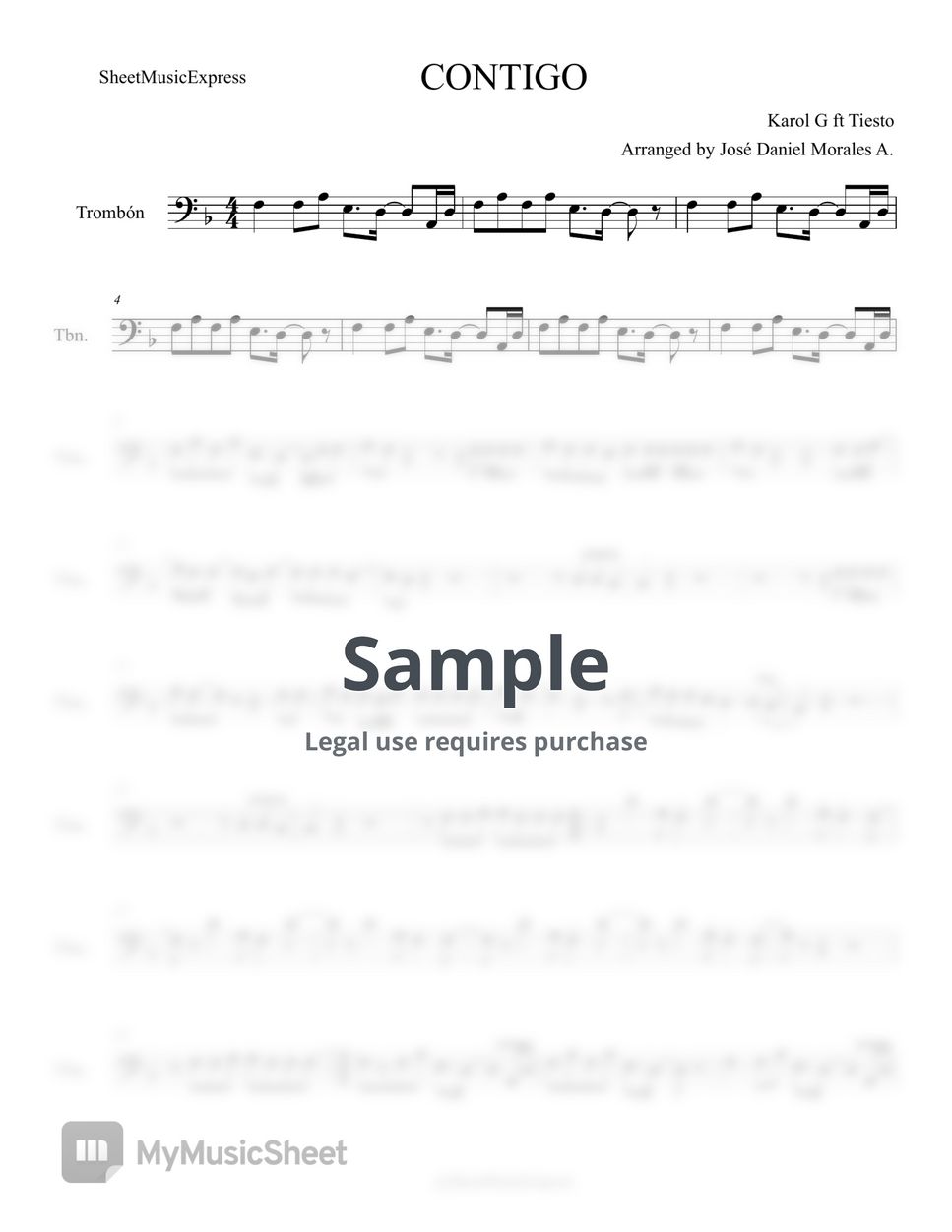 Karol g contigo by karol g ft tiesto sheet music trombone latin