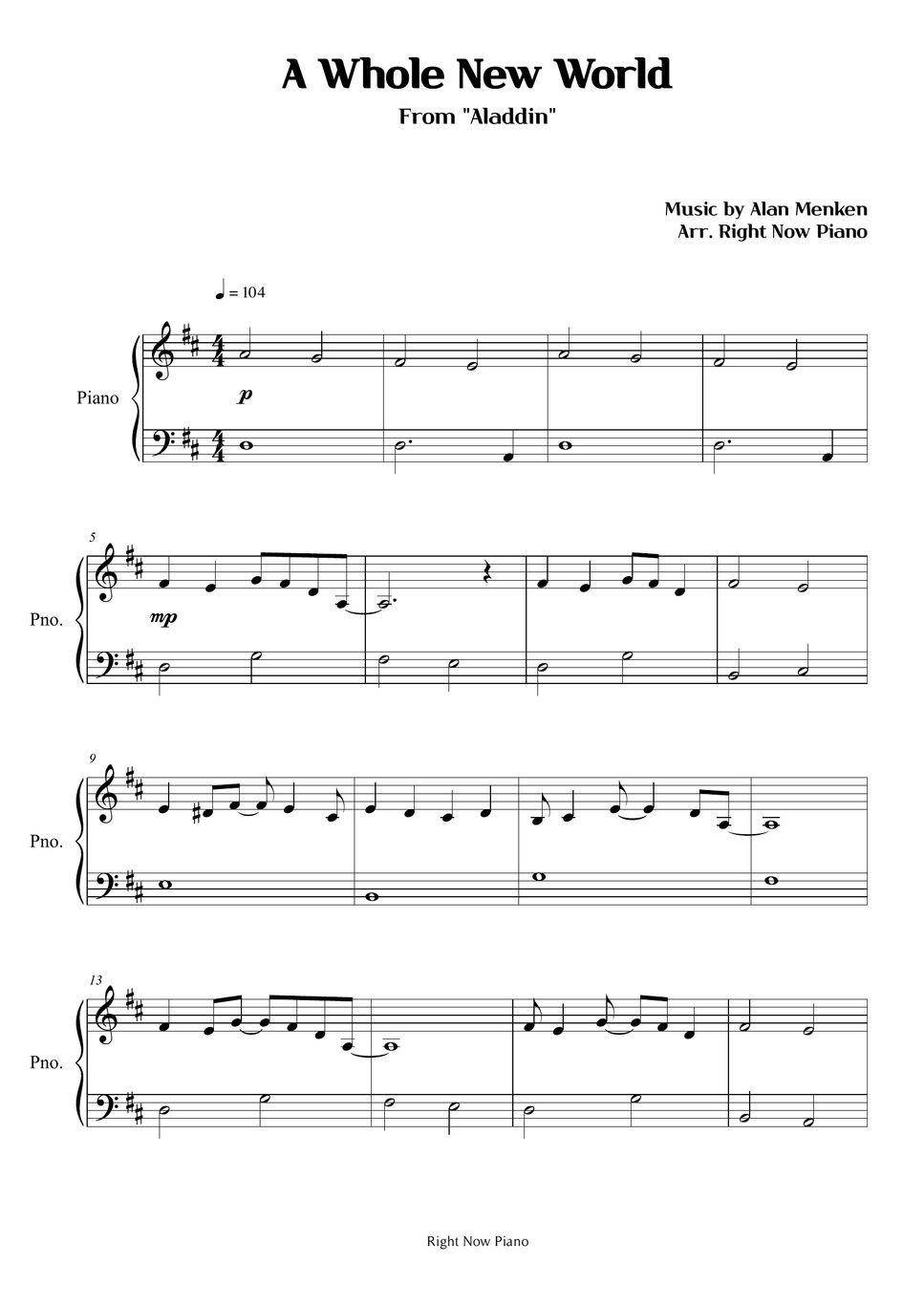 Aladdin A Whole New World (Easy Piano) by Right Now Piano Sheet Music