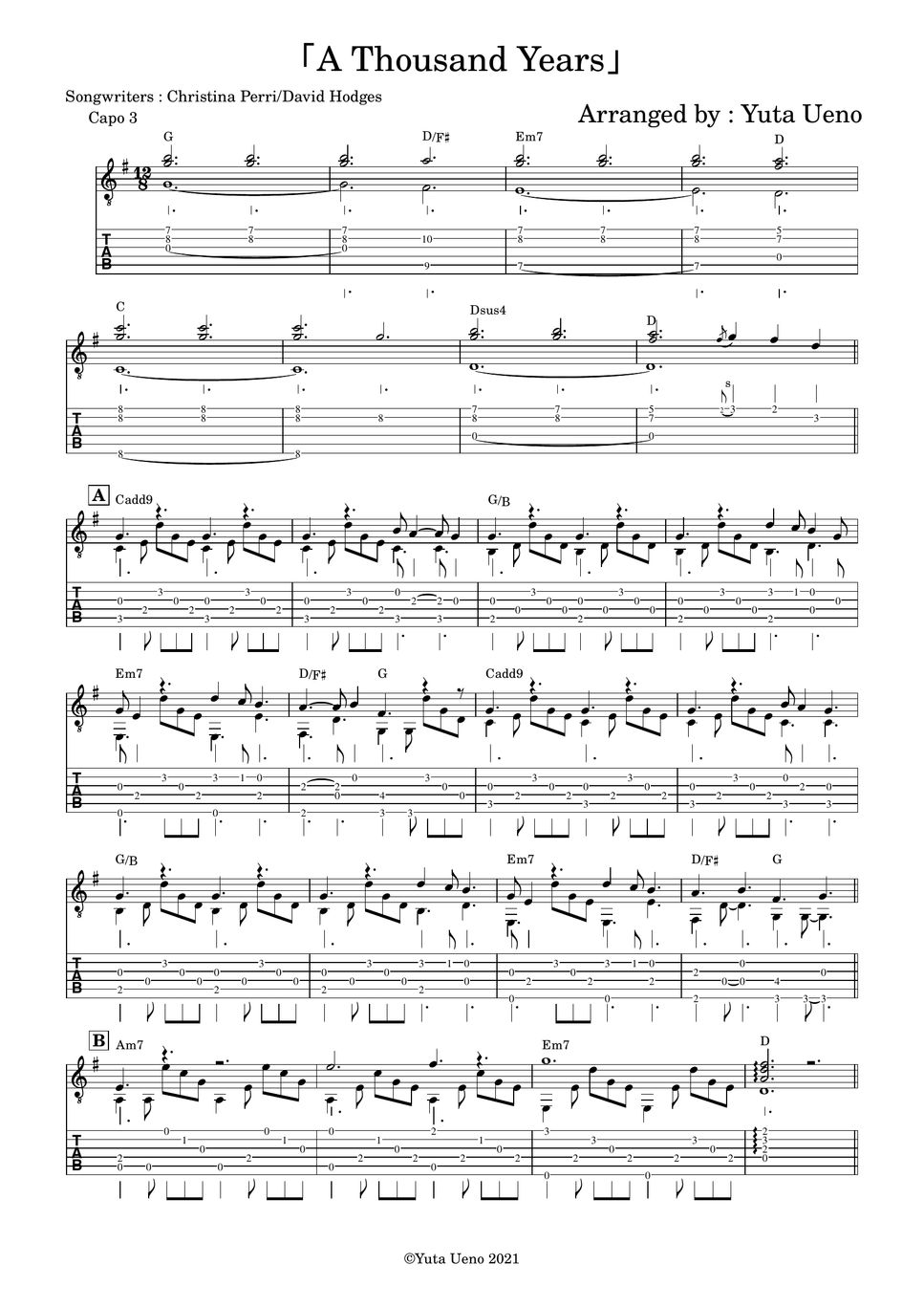 Christina Perri A Thousand Years (Fingerstyle) Tab + 단선 악보 by Yuta Ueno