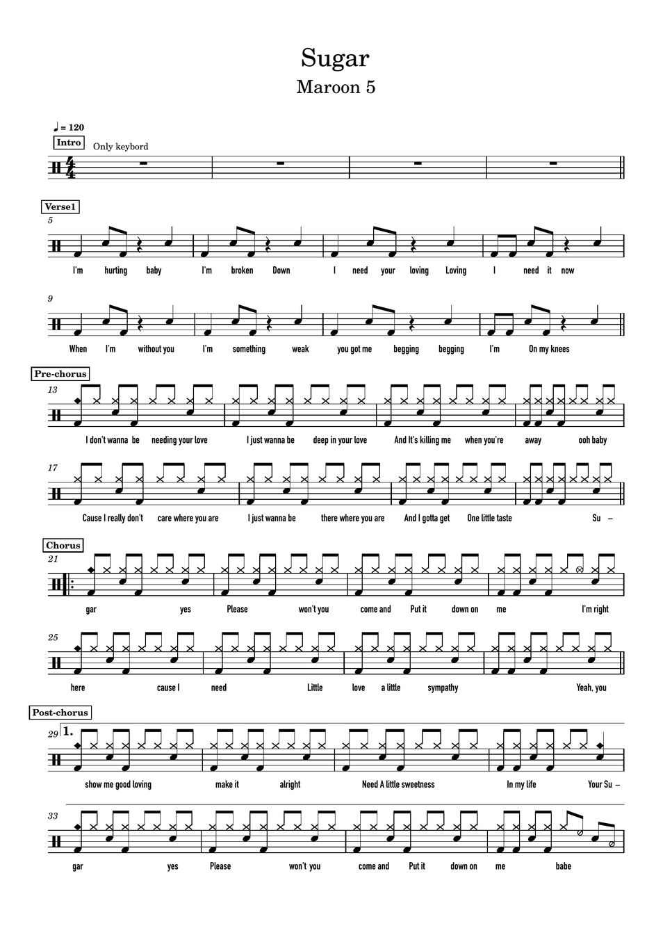 mroon5-sugar-drumscore-lyrics-by
