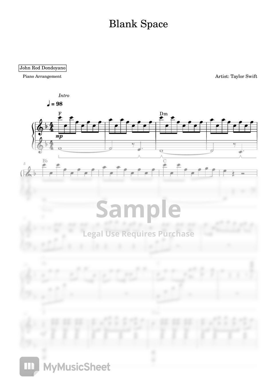 Taylor Swift - Blank Space (PIANO SHEET) by John Rod Dondoyano