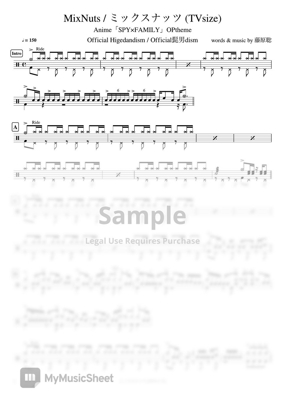 Official Higedandism / Official髭男dism - MixNuts / ミックスナッツ (TVsize) Anime「SPY×FAMILY」OPtheme by Cookai's J-pop Drum sheet music!!!