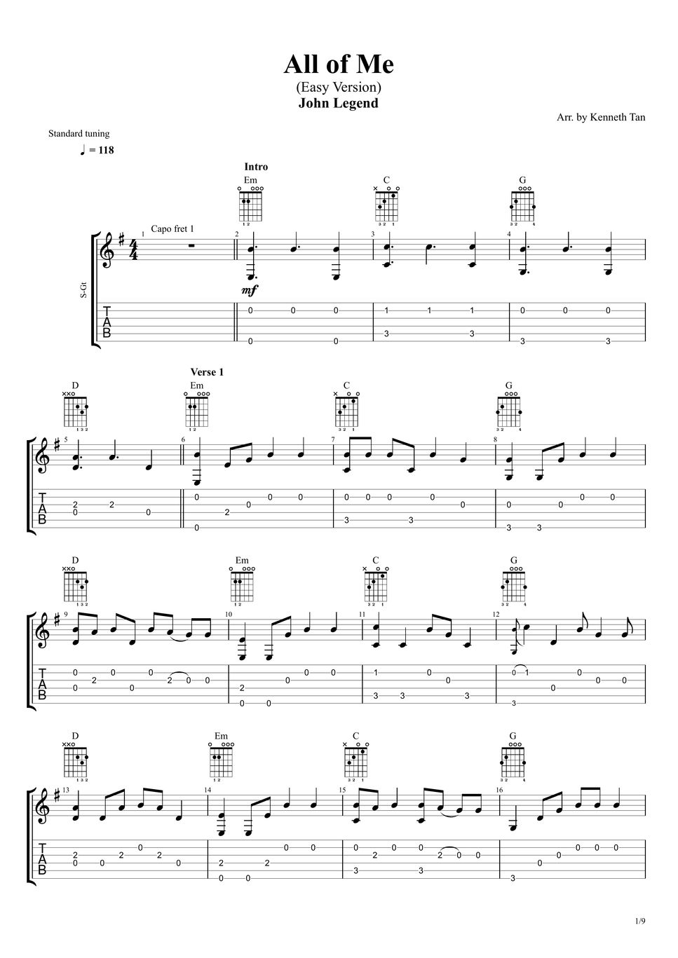 John legend fingerstyle guitar all of me easy version tab by