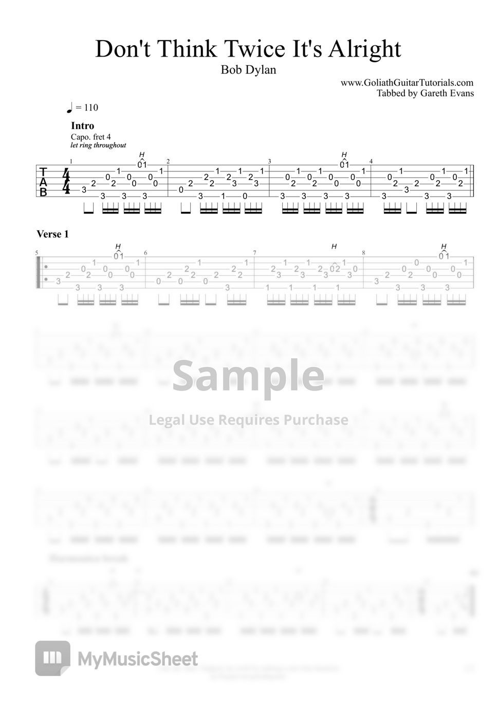 Bob Dylan Don't Think Twice, It's Alright Sheets by Goliath Guitar