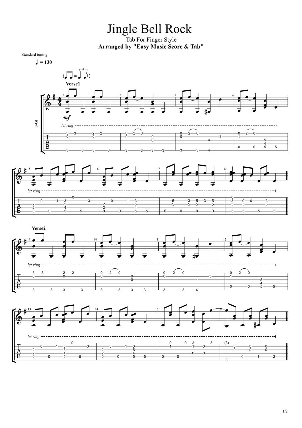 Christmas Carol Jingle Bell Rock Easy Finger Style Tab Tab 1staff 