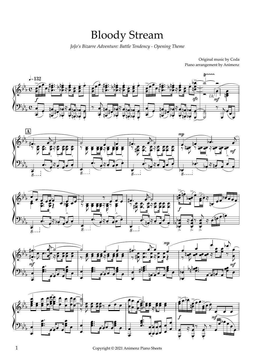 Coda Bloody Stream (JoJo's Bizarre Adventure Part 2 Battle Tendency OP) Sheet by Animenz