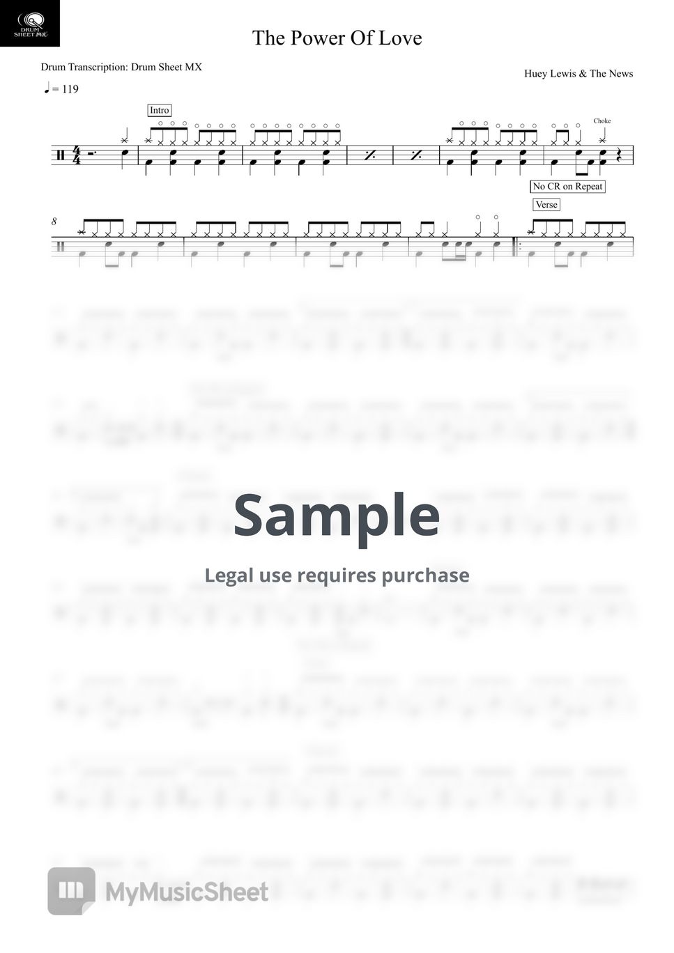 Huey Lewis & The News - The Power Of Love by Drum Transcription: Drum Sheet MX