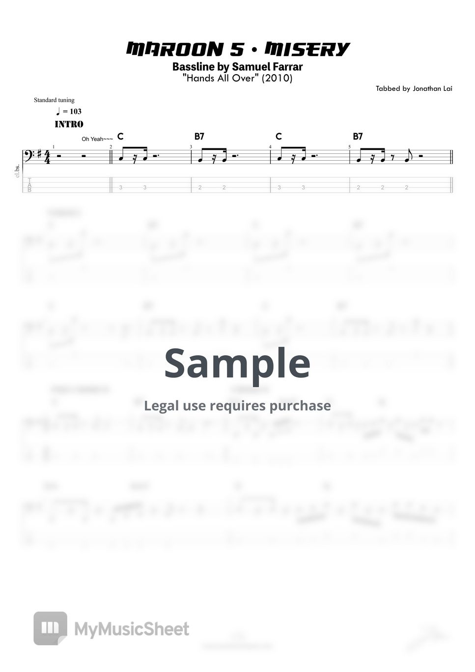 Maroon 5 - Misery (Bass Guitar Score) Sheets by Jonathan Lai