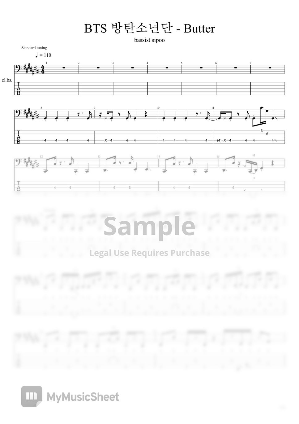 방탄소년단 (BTS) - Butter (베이스 기타 악보 PDF + Guitar pro) by bassist sipoo / 시푸