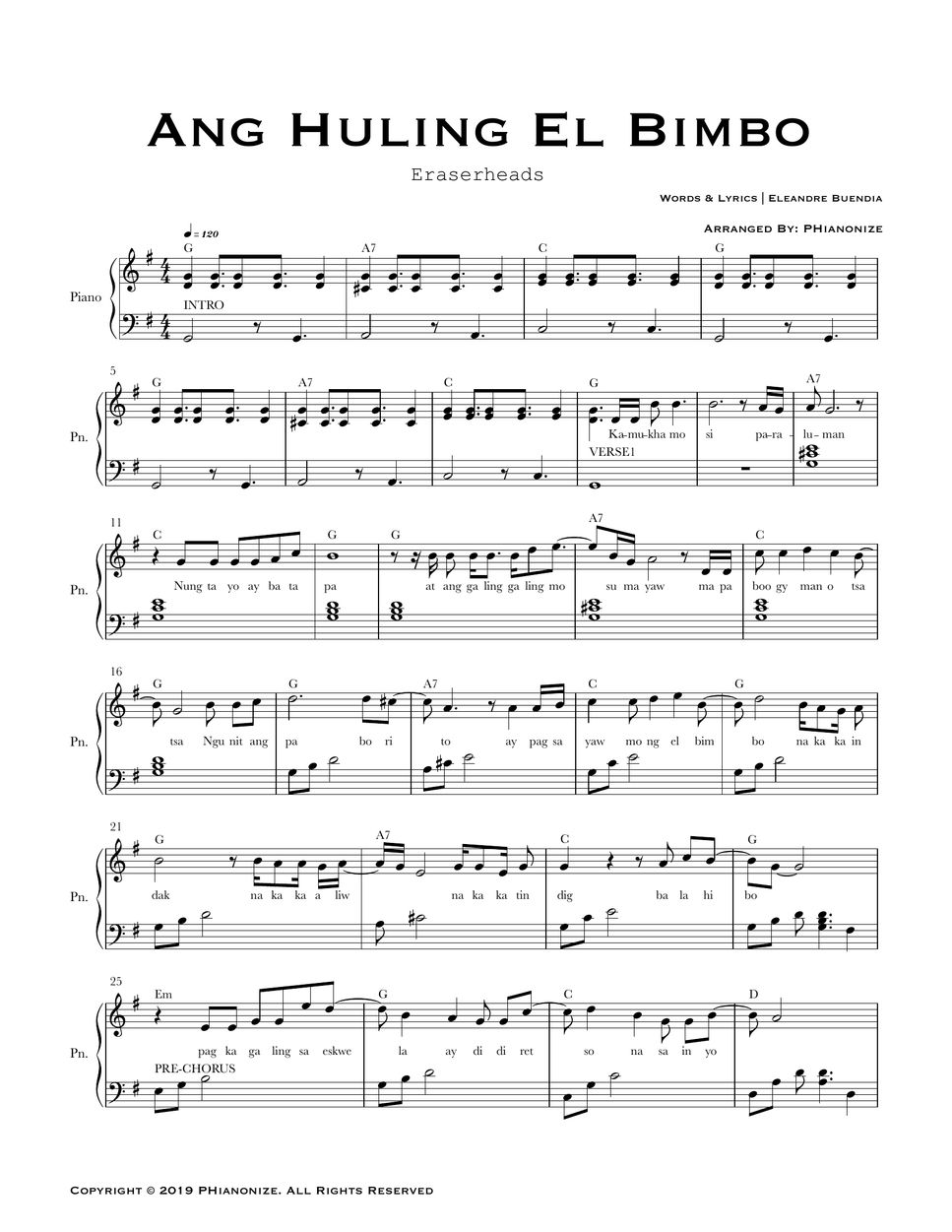 Eraserheads Ang Huling El Bimbo (Easy Version) Sheets by PHianonzie
