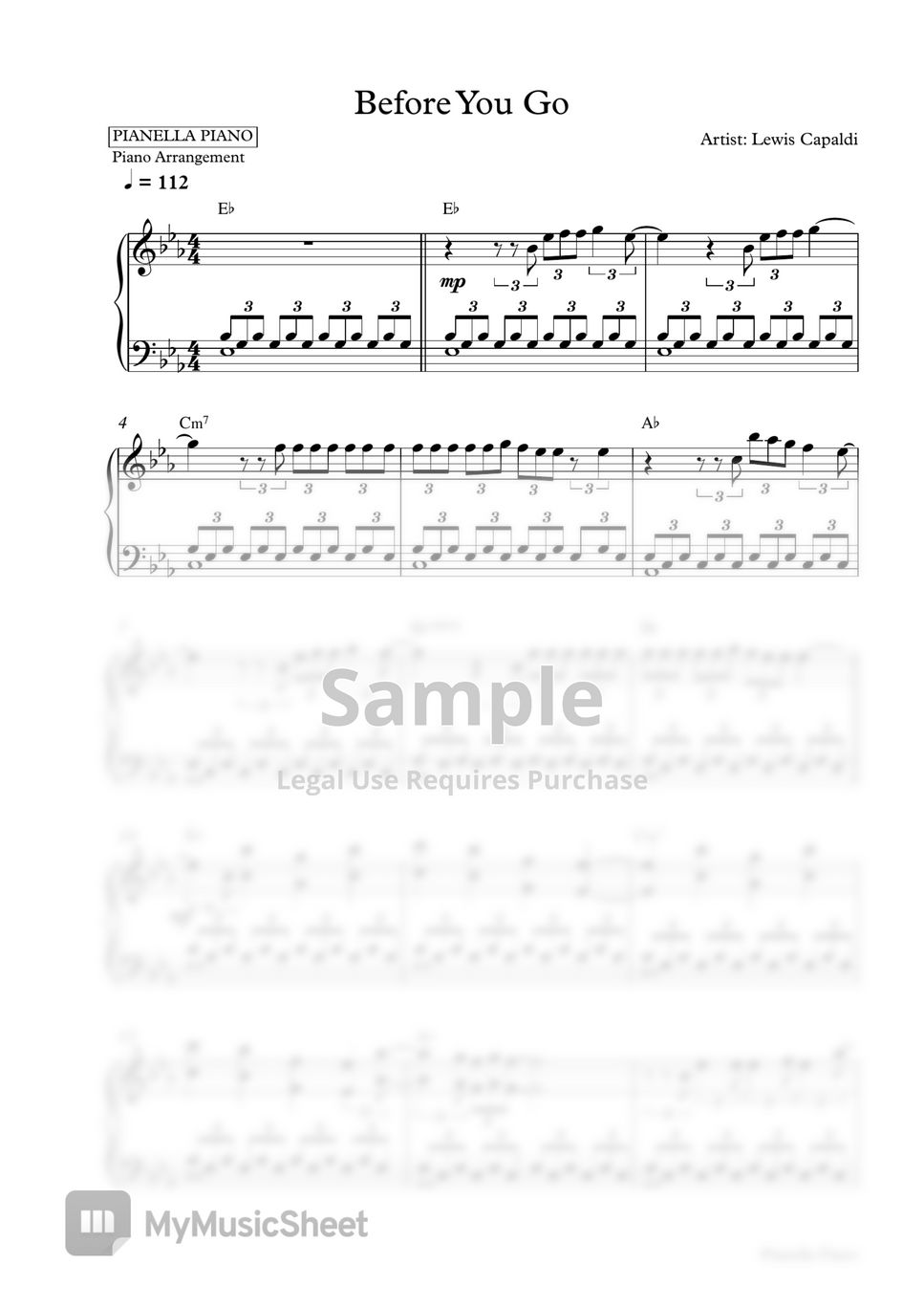Lewis Capaldi - Before You Go (Piano Sheet) by Pianella Piano