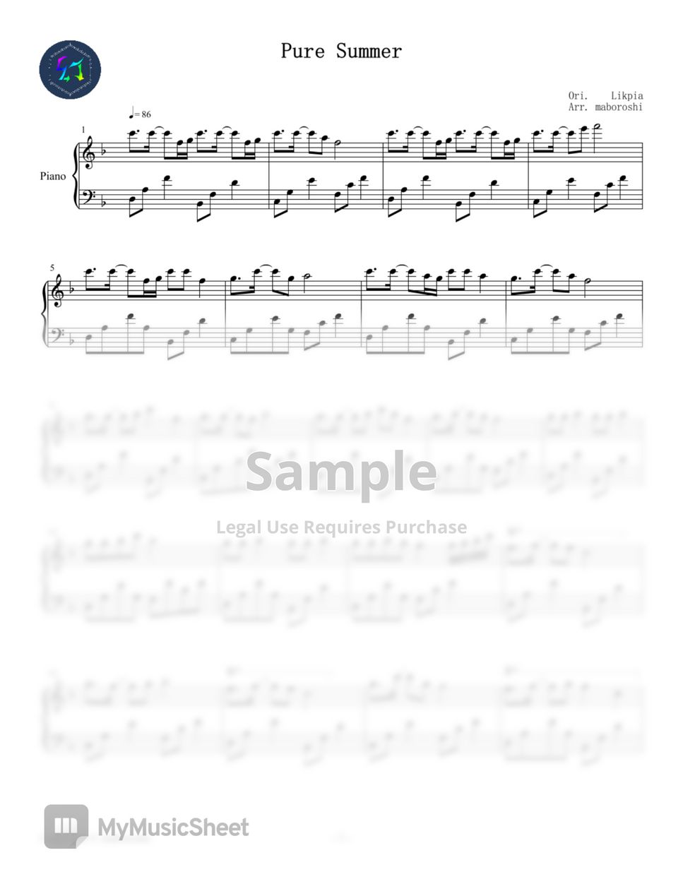 Likpia - 《Pure Summer》｜ 感受純純的夏天吧! 超療癒BGM / Piano sheet by maboroshi