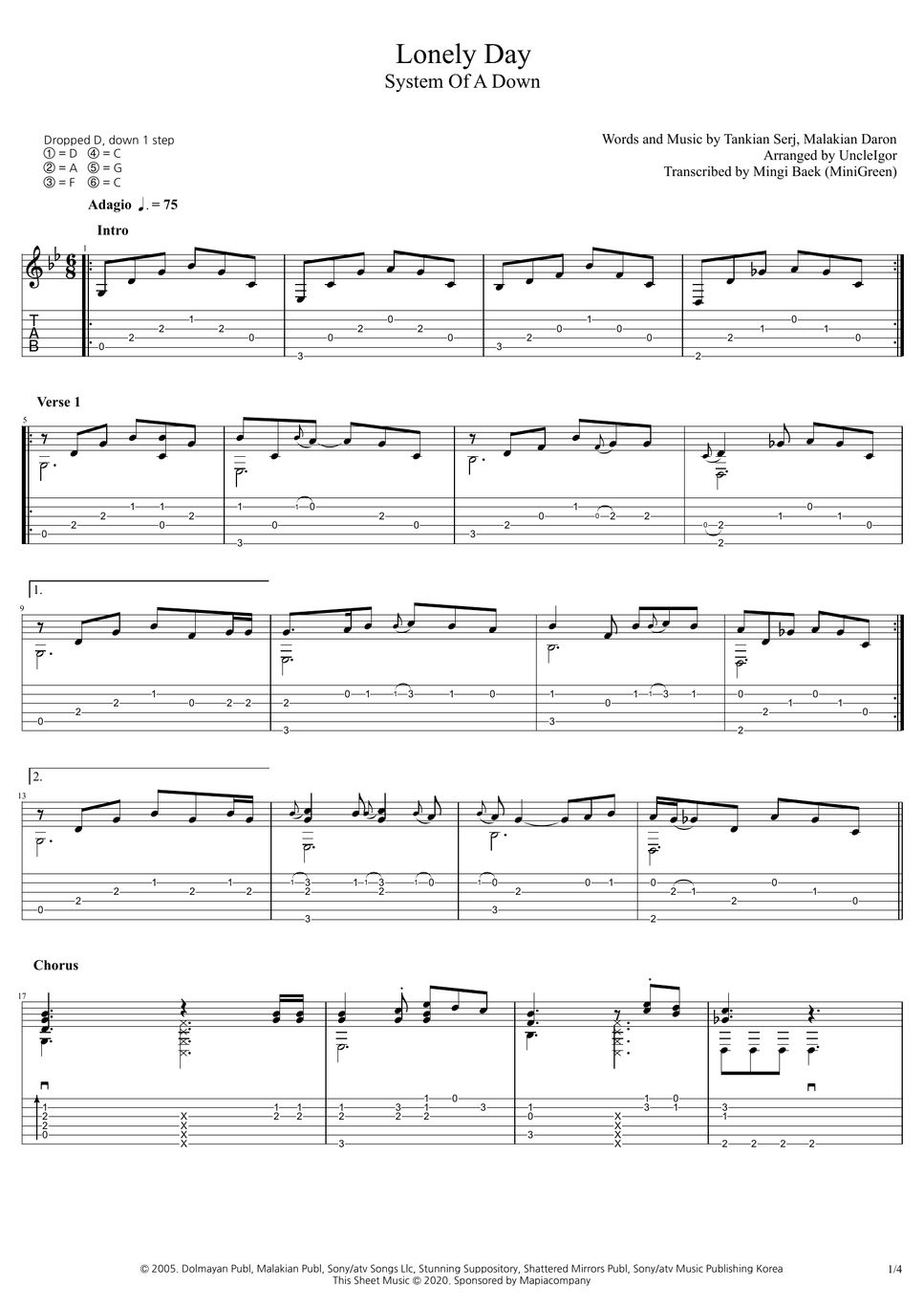System of A Down Lonely Day Tab + pontuação de linha única by Igor Presnyakov