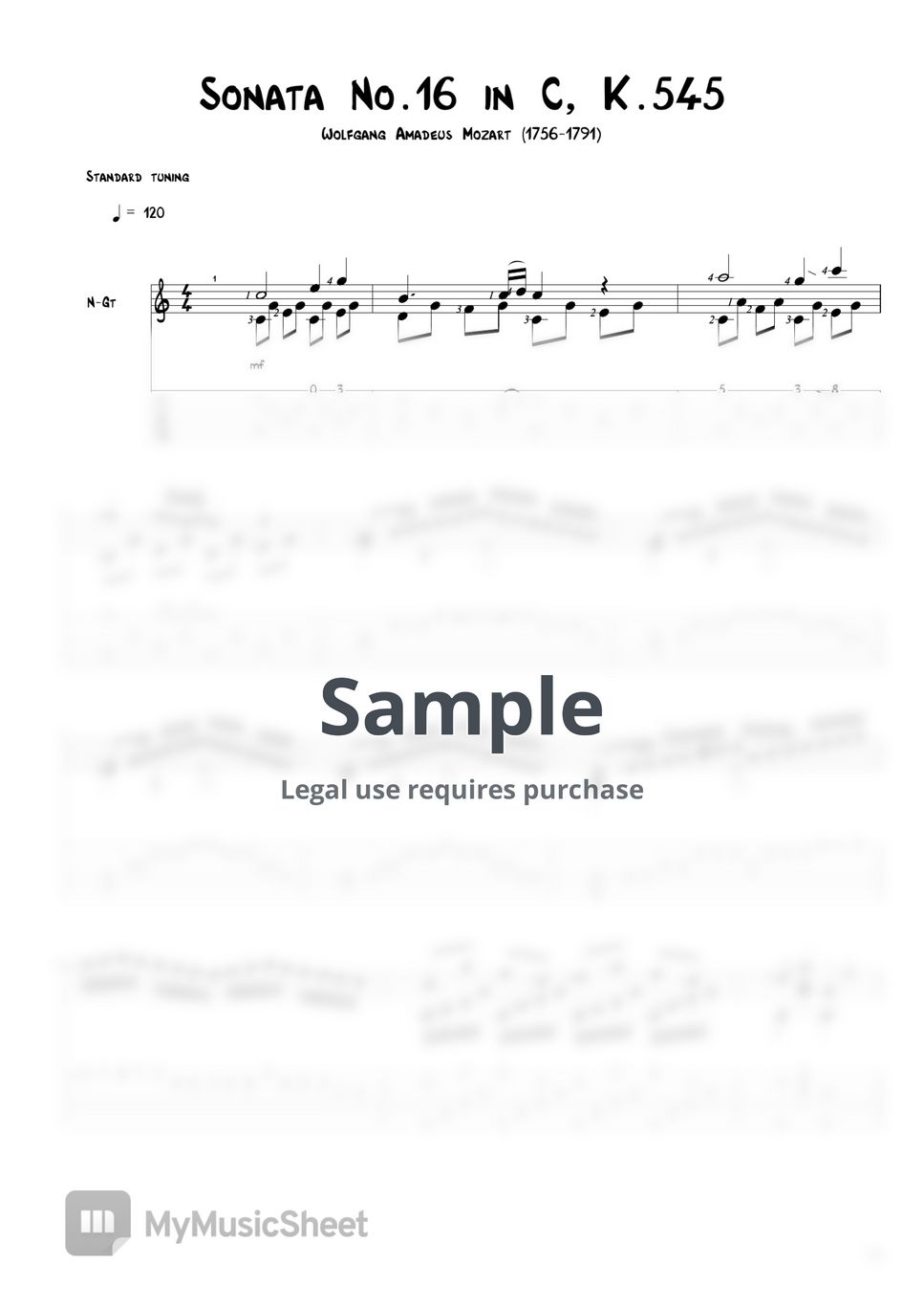 W.A. Mozart Sonata No.16 in C, K.545 Tab + 1staff by Agape Guitar