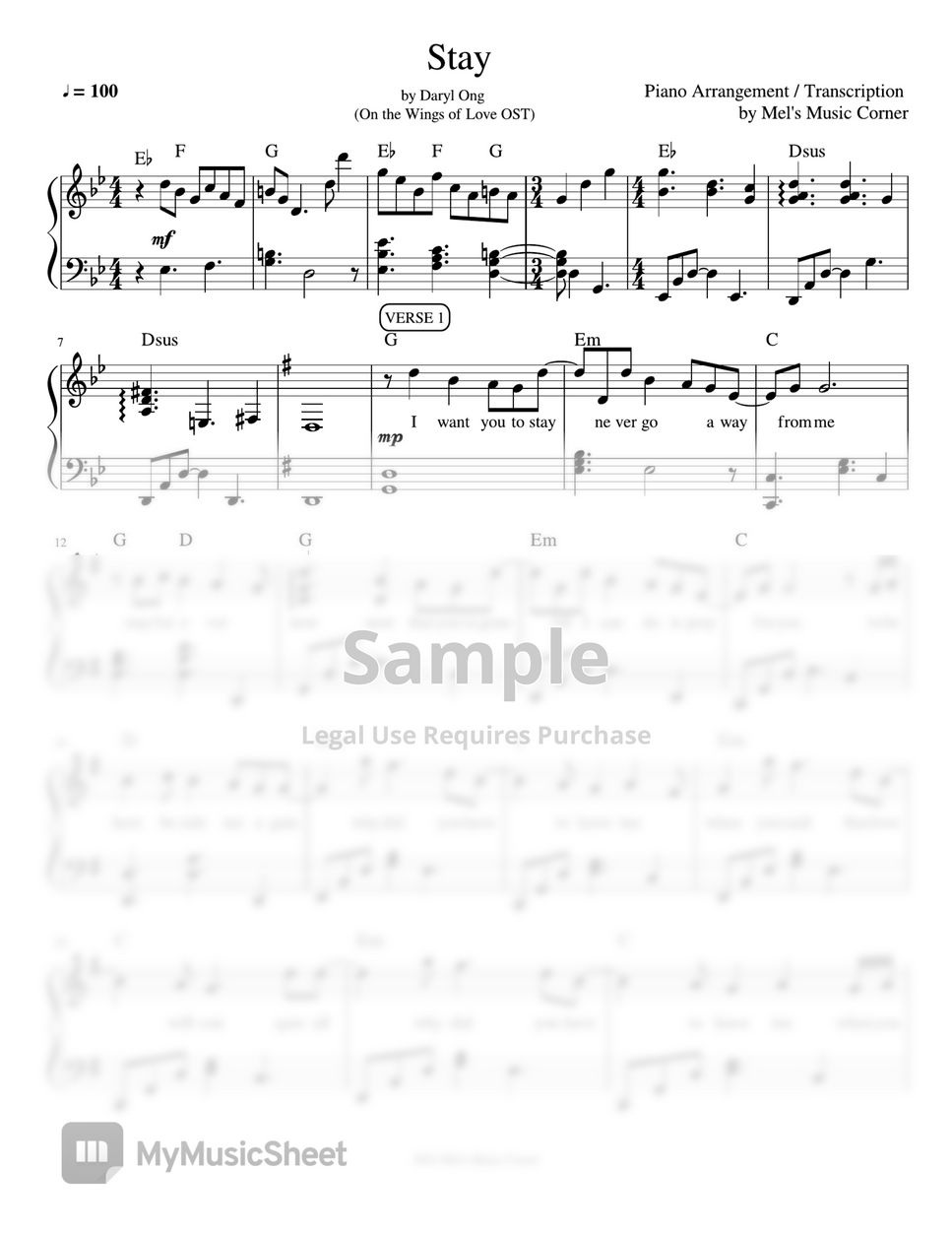 Daryl Ong - Stay (piano sheet music) by Mel's Music Corner