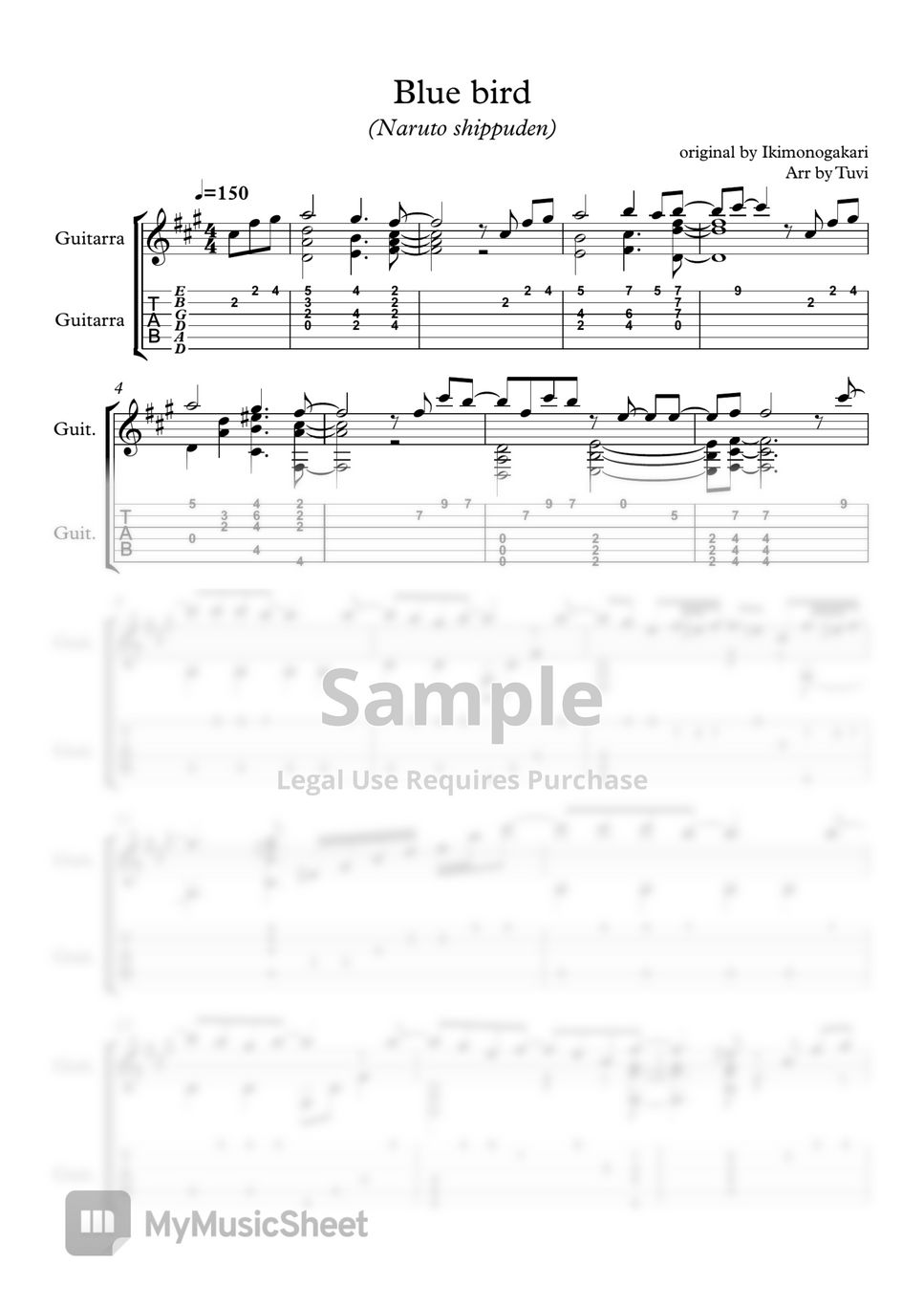 Ikimonogakari - Bluebird (Classical guitar/Guitar cover) Tab + 1staff