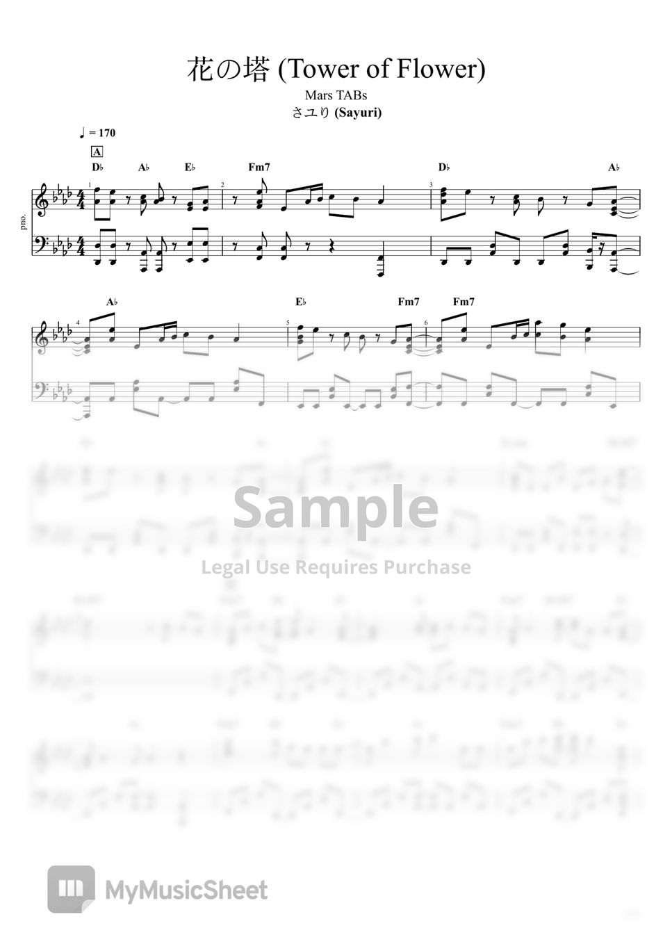 さユり(Sayuri) 花の塔(Tower of Flower) (Piano Sheet) Sheets by Mars TABs
