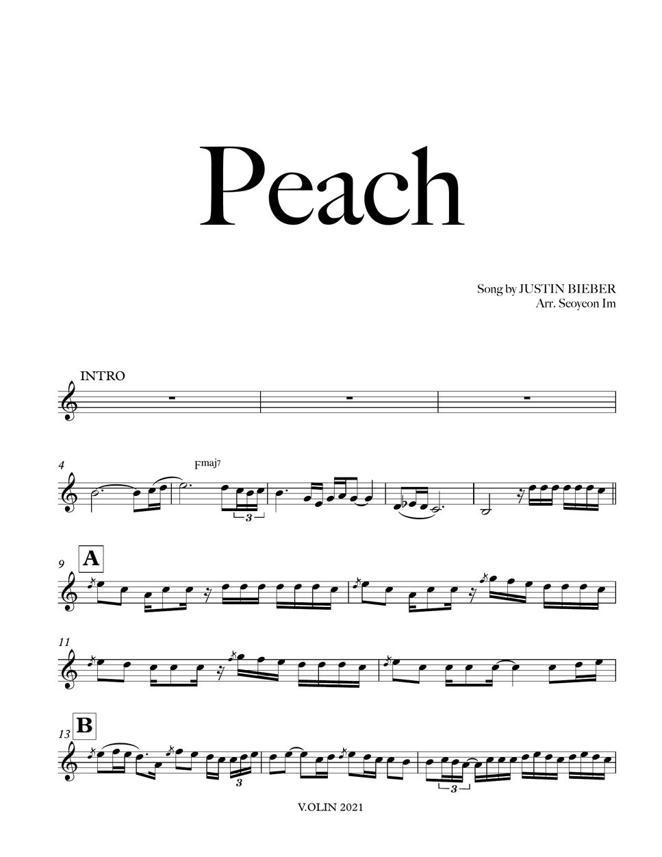 Justin Bieber Peach (Violin ver.) 악보 by V.OLIN