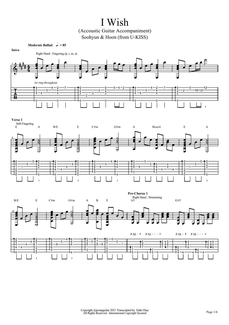 수현 & 훈 I wish (Guitar) TAB by TaeHyun Taylor Lee