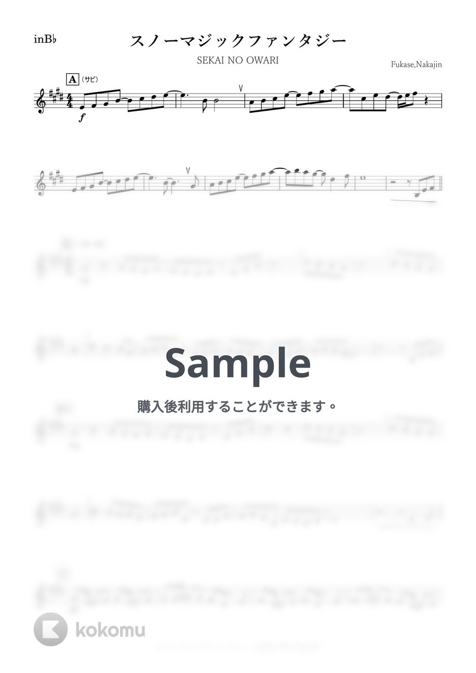 SEKAI NO OWARI - スノーマジックファンタジー (B♭) by kanamusic