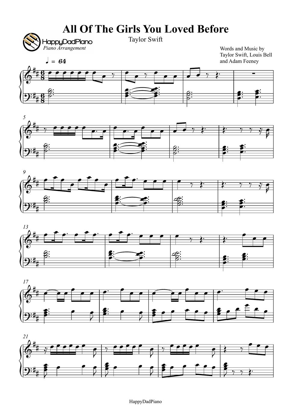 Taylor Swift All of The Girls You Loved Before Лист by HappyDadPiano