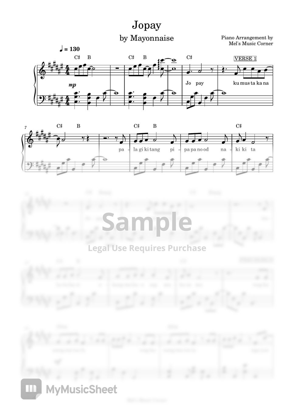 Mayonnaise - Jopay (piano sheet music) by Mel's Music Corner